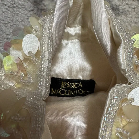 Jessica McClintock Satin Lined Beaded Sequin Yellow Ivory Drawstring Mini Bag - Picture 8 of 8